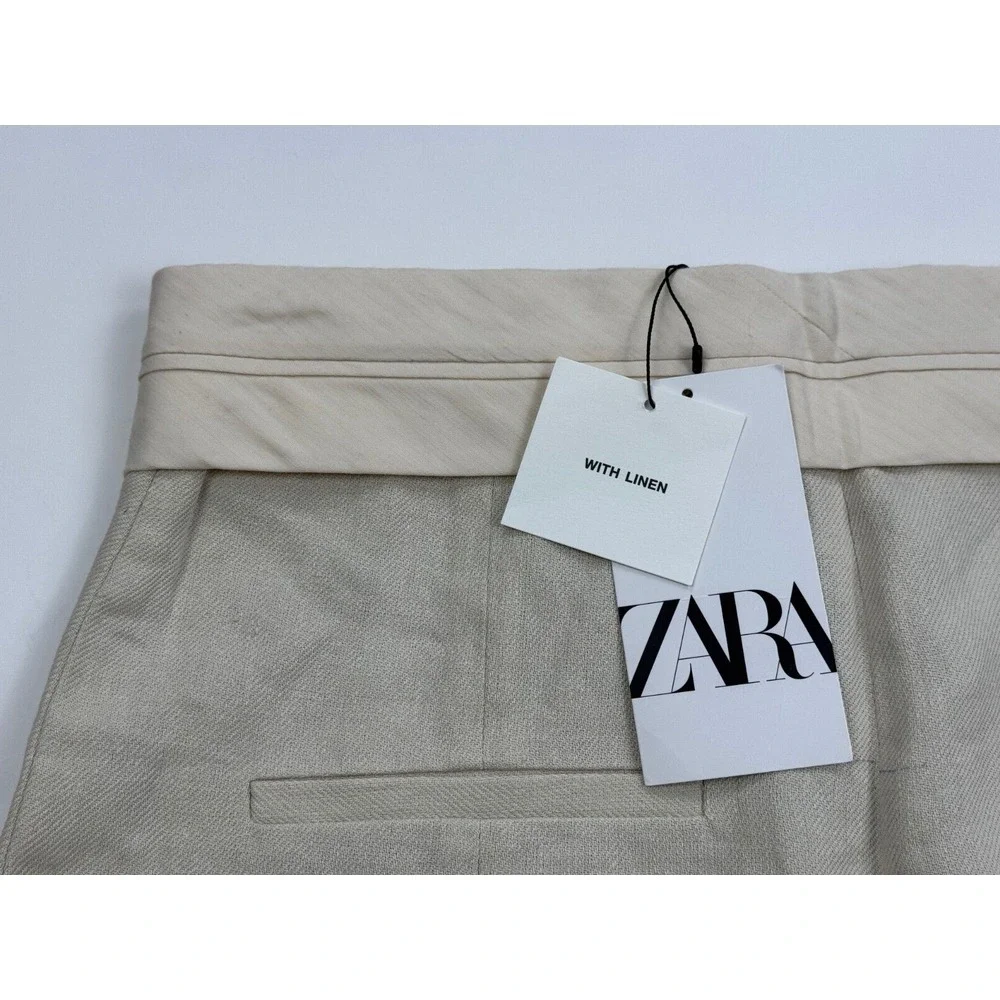 Zara Contrast Waist Linen Blend Pants Blogger favorite Women XS NEW‎ Zip Closure